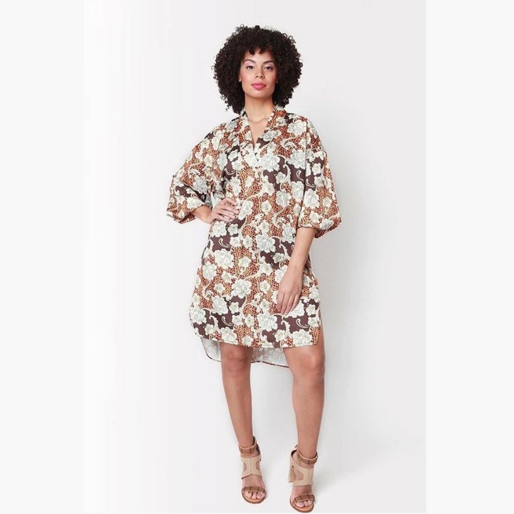 NWT Shegul Golden Animal Print Floral Boho Oversized High Low Emmy Shift Dress